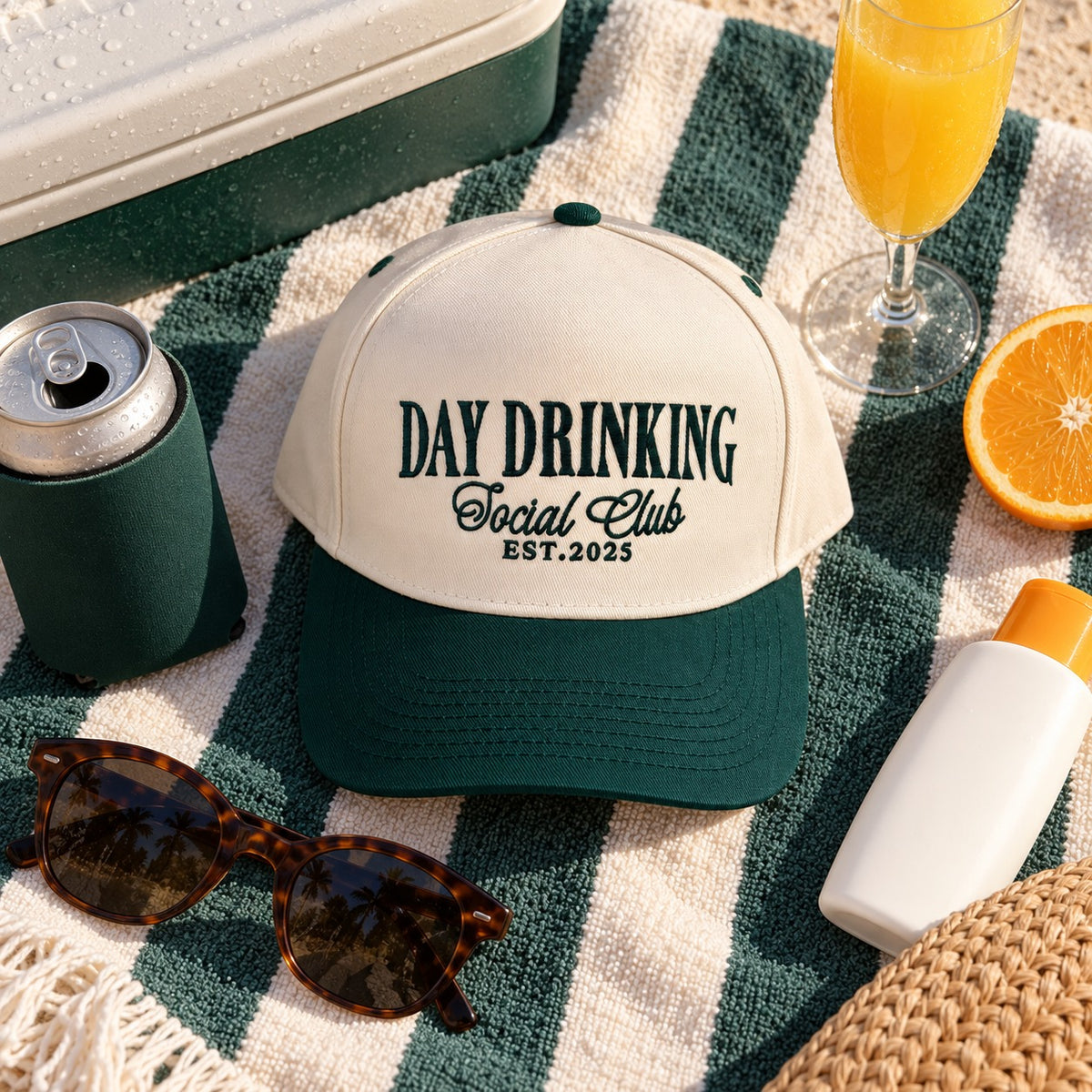 Day Drinking Social Club trucker hat flat lay on a striped towel with sunglasses, a koozie, a mimosa, and an orange slice