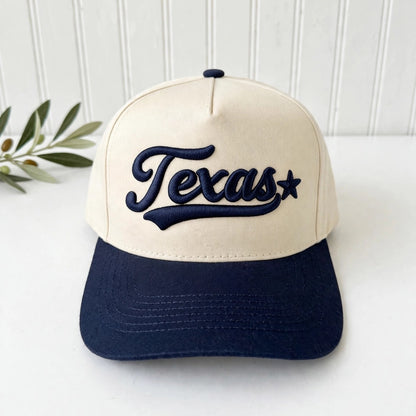 Texas 3D Star trucker hat in Natural / Navy Blue Bill with raised navy Texas script, swoosh, and star embroidery