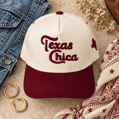 Texas Chica embroidered trucker hat styled with denim, hoops, and a Western bandana