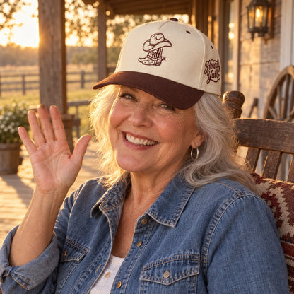 Grandmother waving from a ranch porch wearing the Cowgirl Boots Howdy Yall trucker hat in Natural / Brown Bill with brown embroidery