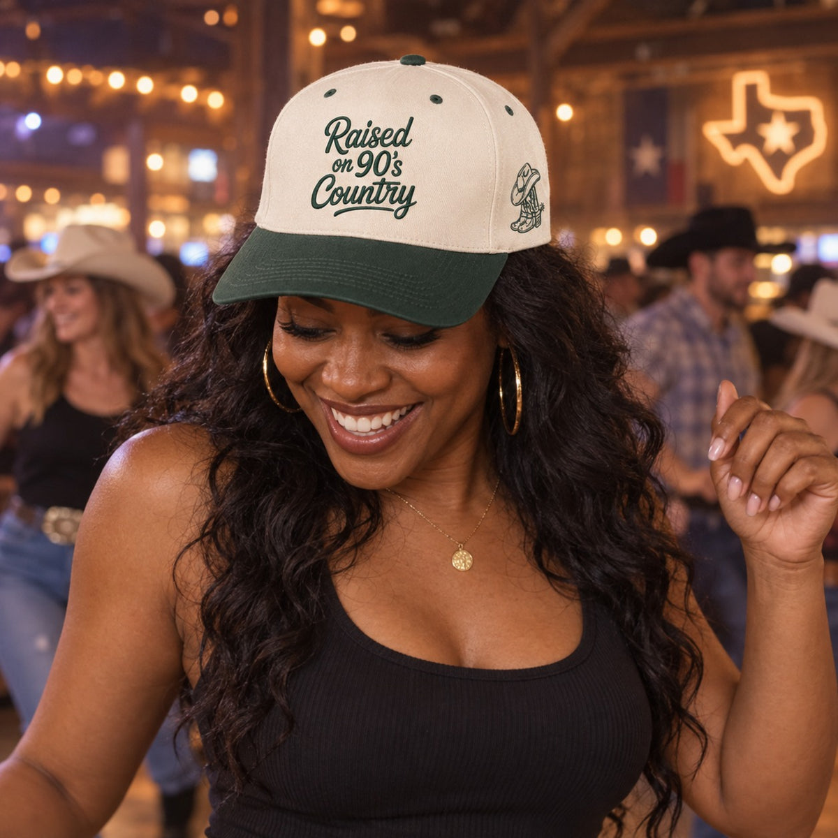 Woman line dancing wearing the Raised on 90&