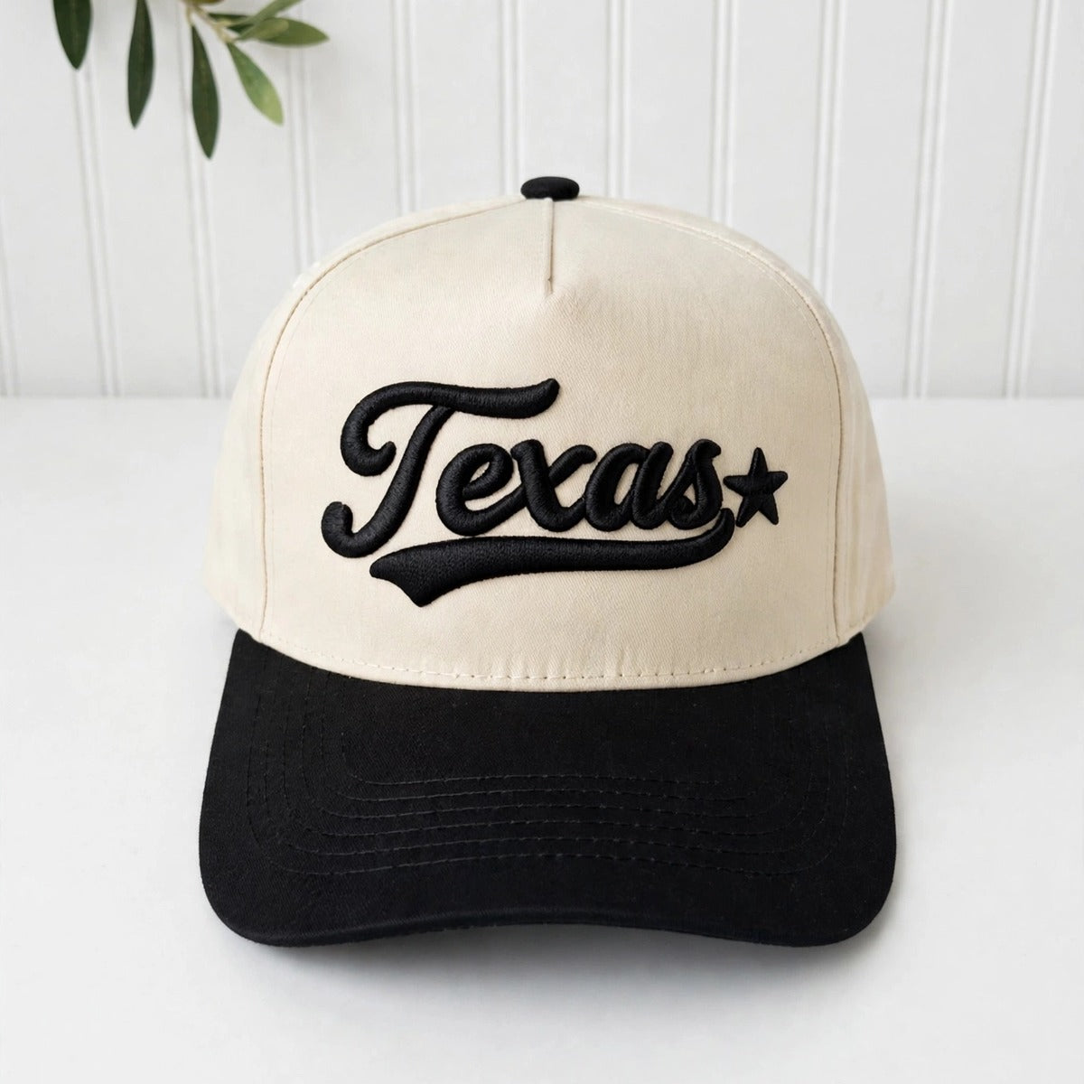 Texas 3D Star trucker hat in Natural / Black Bill with raised black Texas script, swoosh, and star embroidery