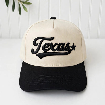 Texas 3D Star trucker hat in Natural / Black Bill with raised black Texas script, swoosh, and star embroidery