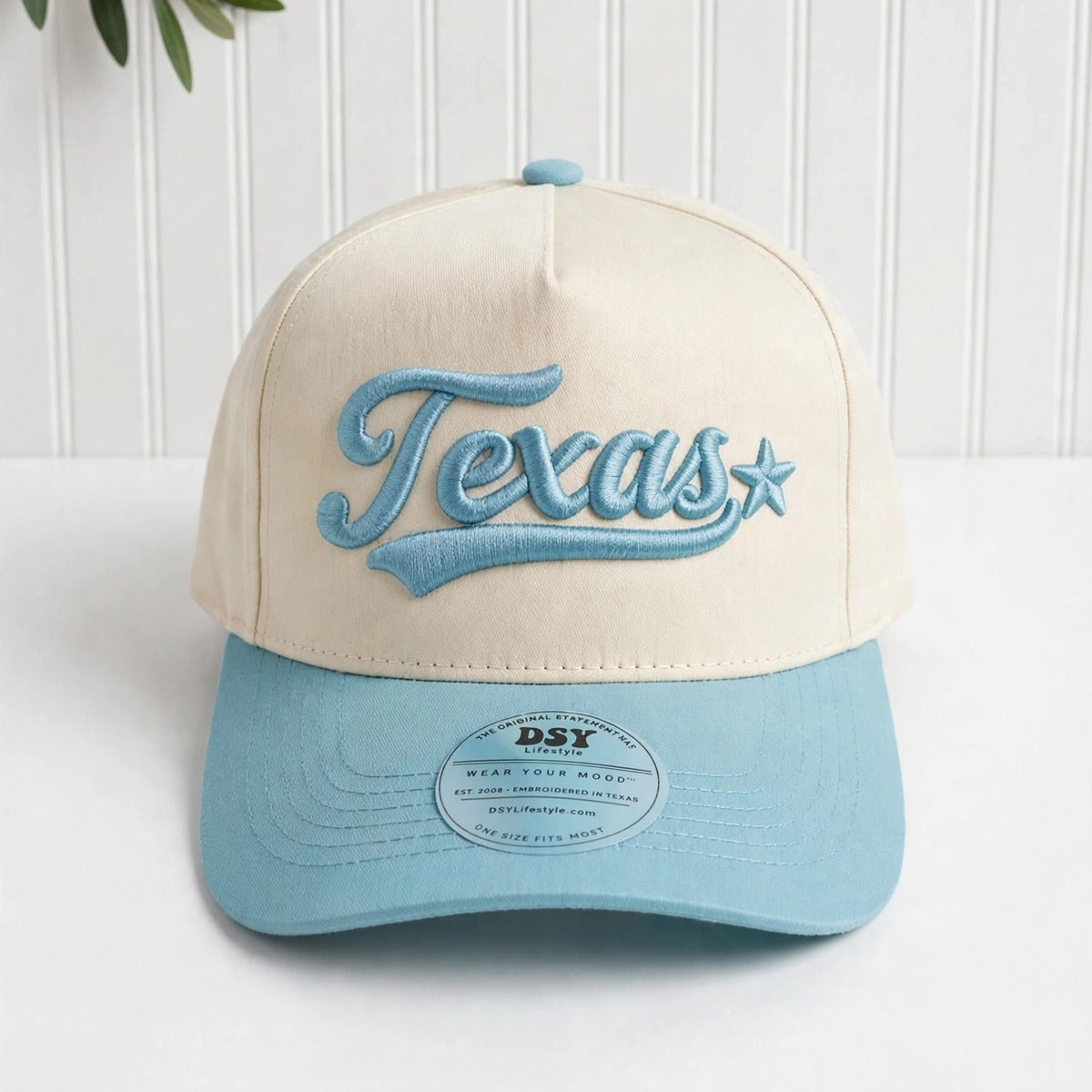 Texas 3D Star trucker hat in Natural / Aqua Bill with raised aqua Texas script, swoosh, and star embroidery