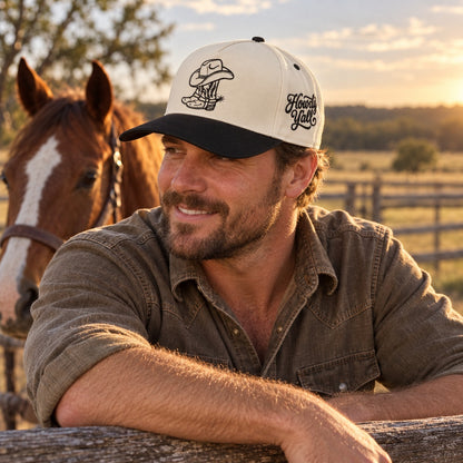 Rancher at a corral fence with a horse wearing the Cowgirl Boots Howdy Yall trucker hat in Natural / Black Bill with black embroidery