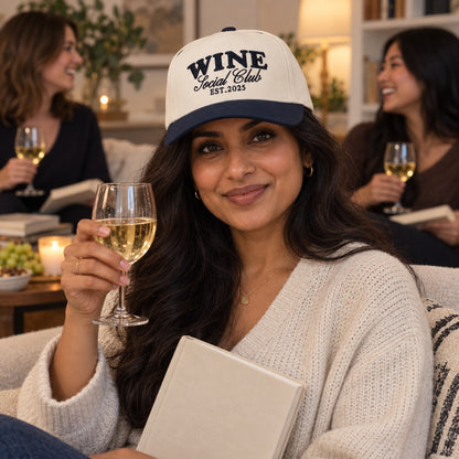 Woman at a book club with white wine wearing the Wine Social Club trucker hat in Natural / Navy Blue Bill with navy embroidery