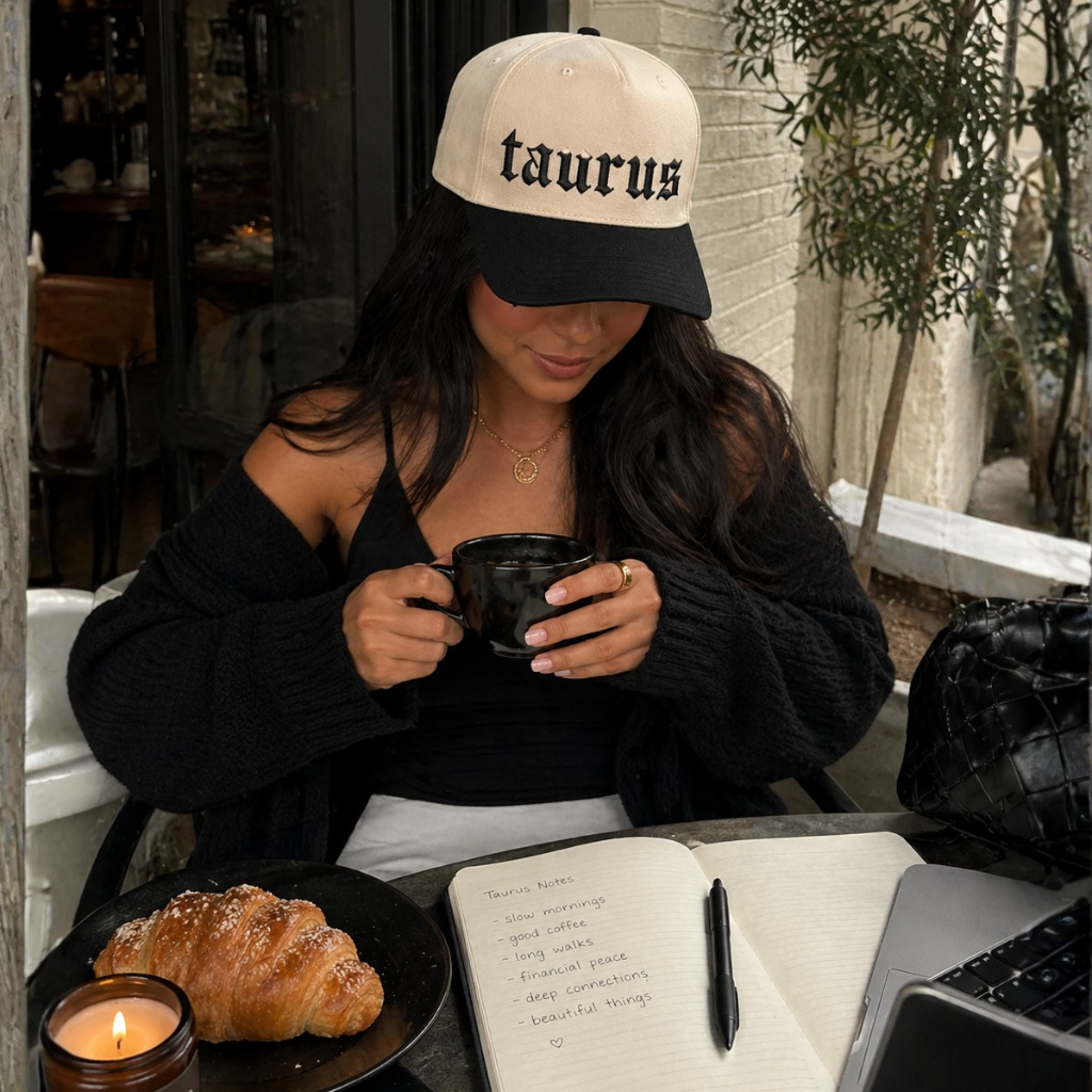 Female drinking coffee and in cozy breakfast nook wearing a Natural Black Taurus zodiac embroidered baseball hat for women. Two tone statement caps for effortless outfits and everyday street style. - DSY Lifestyle.