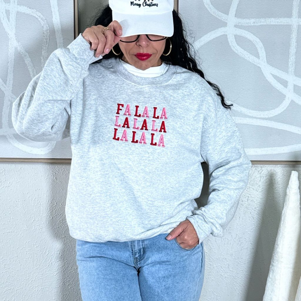 Female wearing a Fa La La  Heather Gray Sweatshirt  - DSY Lifestyle