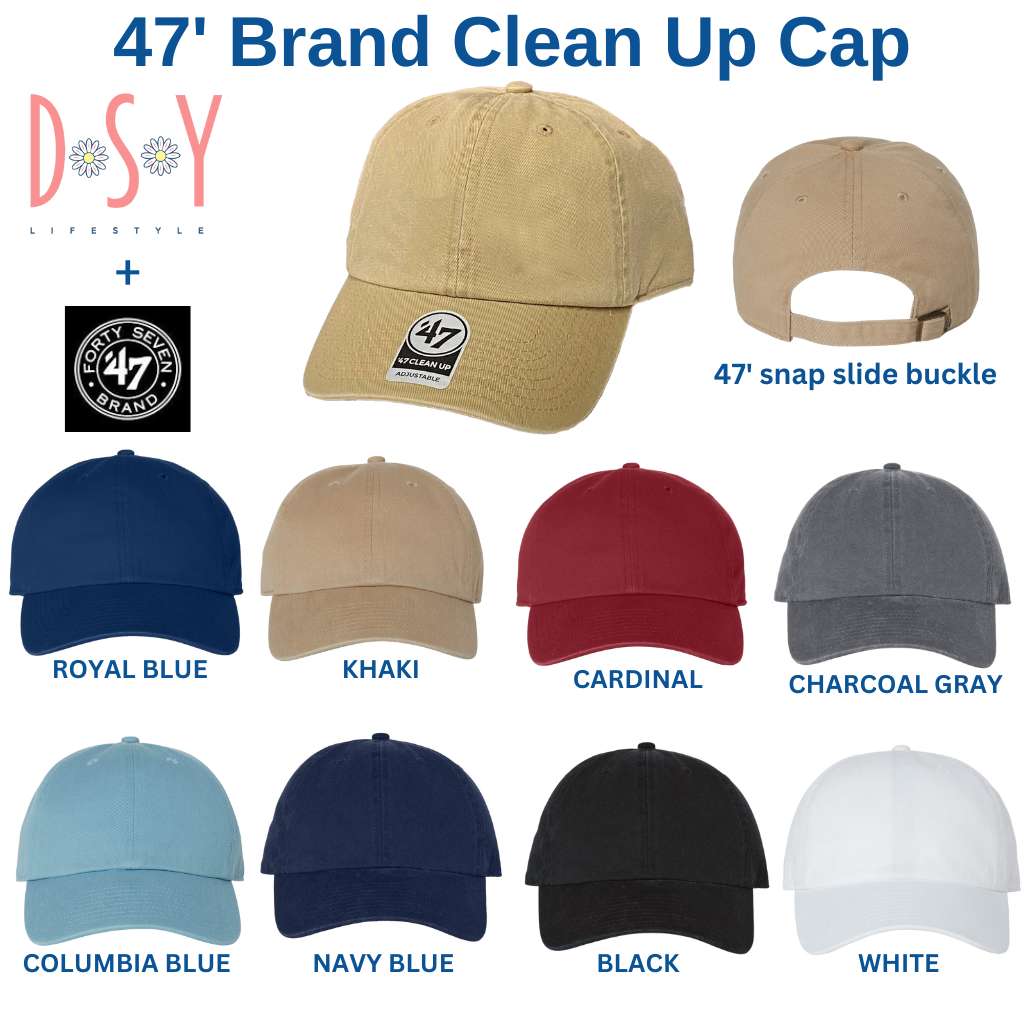 47 brand Clean Up cap color chart for baseball hats offered in Khaki Royal Blue Cardinal Charcoal Gray Columbia Blue Navy Blue Black and White - DSY Lifestyle