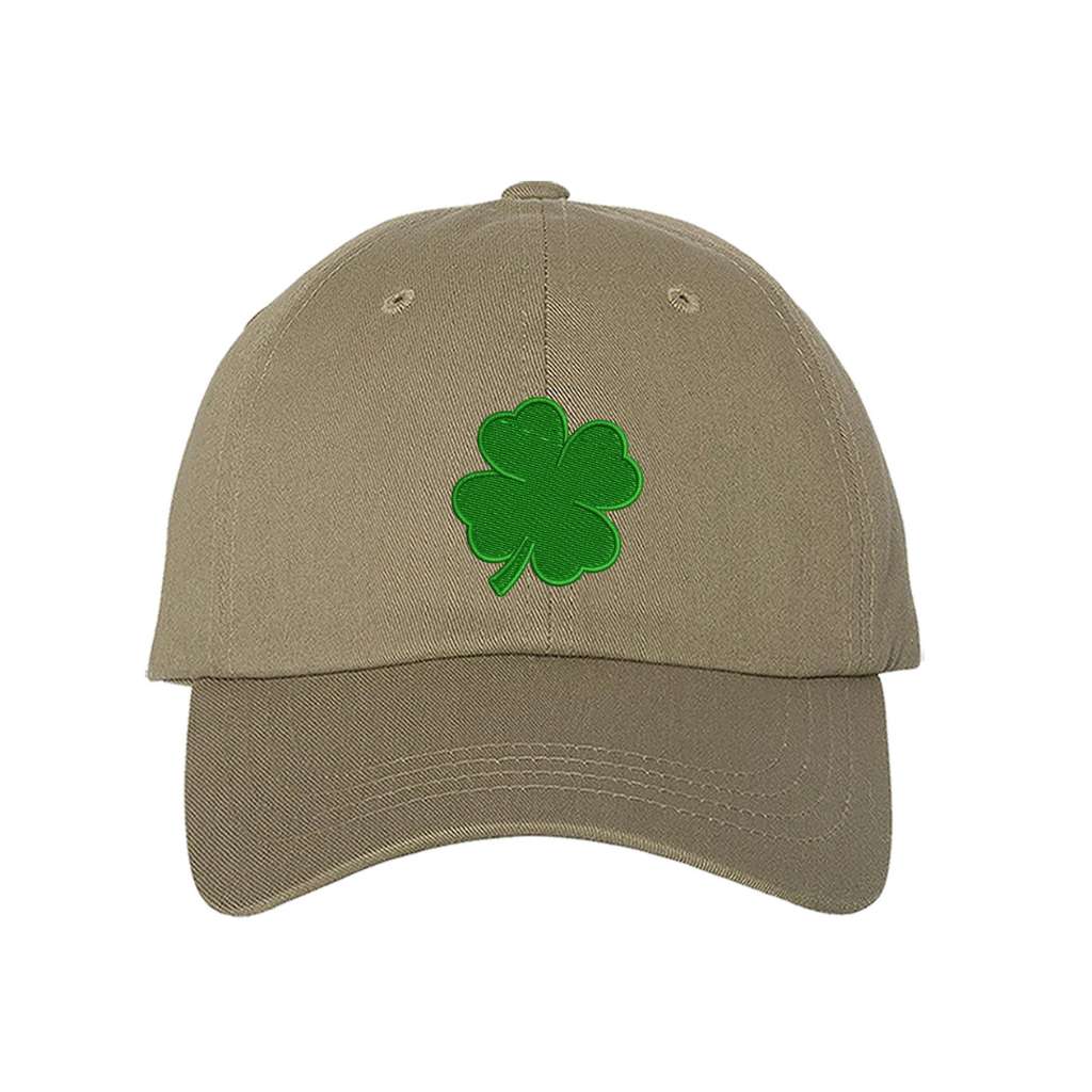 Green Four leaf clover on a Khaki baseball cap - DSY Lifestyle