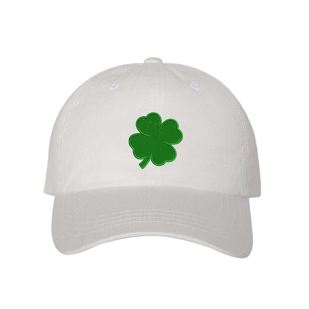 Green Four leaf clover on a white baseball cap - DSY Lifestyle