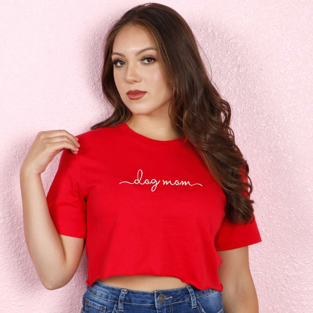 Female wearing a red crop top embroidered with Dog Mom - DSY Lifestyle