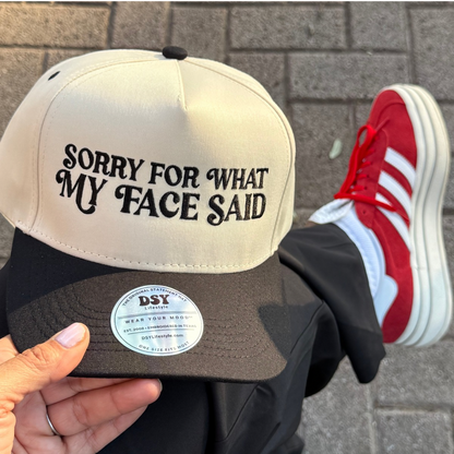 Sorry For What My Face Said embroidered two-tone statement hat for women by DSY Lifestyle