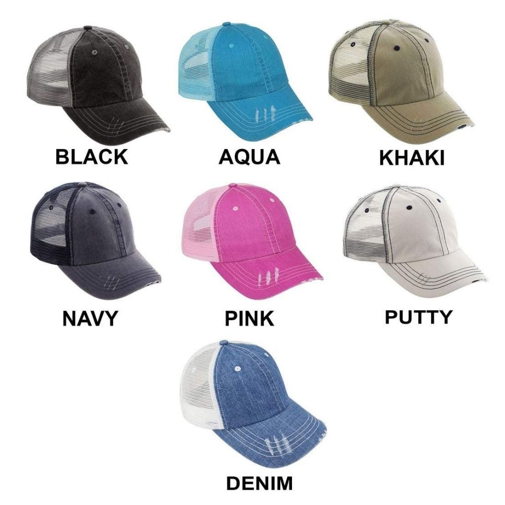 Color chart for trucker hats available in black aqua khaki navy pink putty and denim - DSY Lifestyle