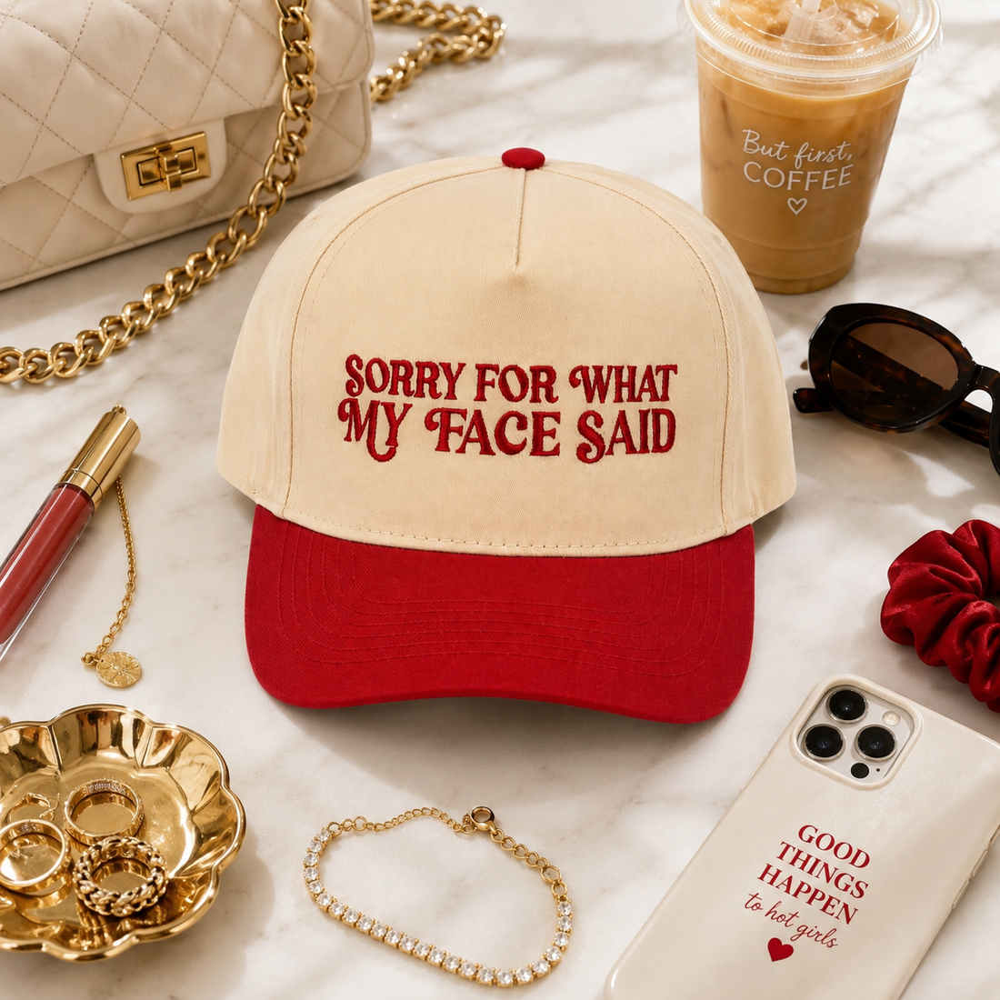 Sorry For What My Face Said embroidered two-tone 5-panel statement hat by DSY Lifestyle