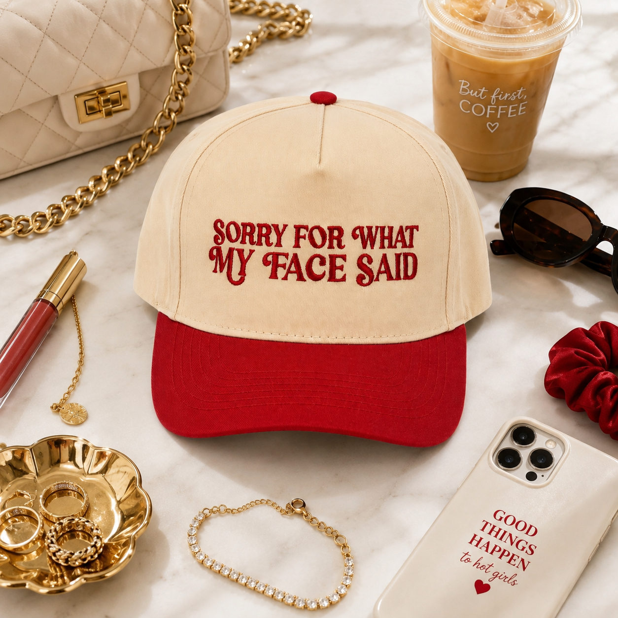 Sorry For What My Face Said embroidered two-tone 5-panel statement hat by DSY Lifestyle