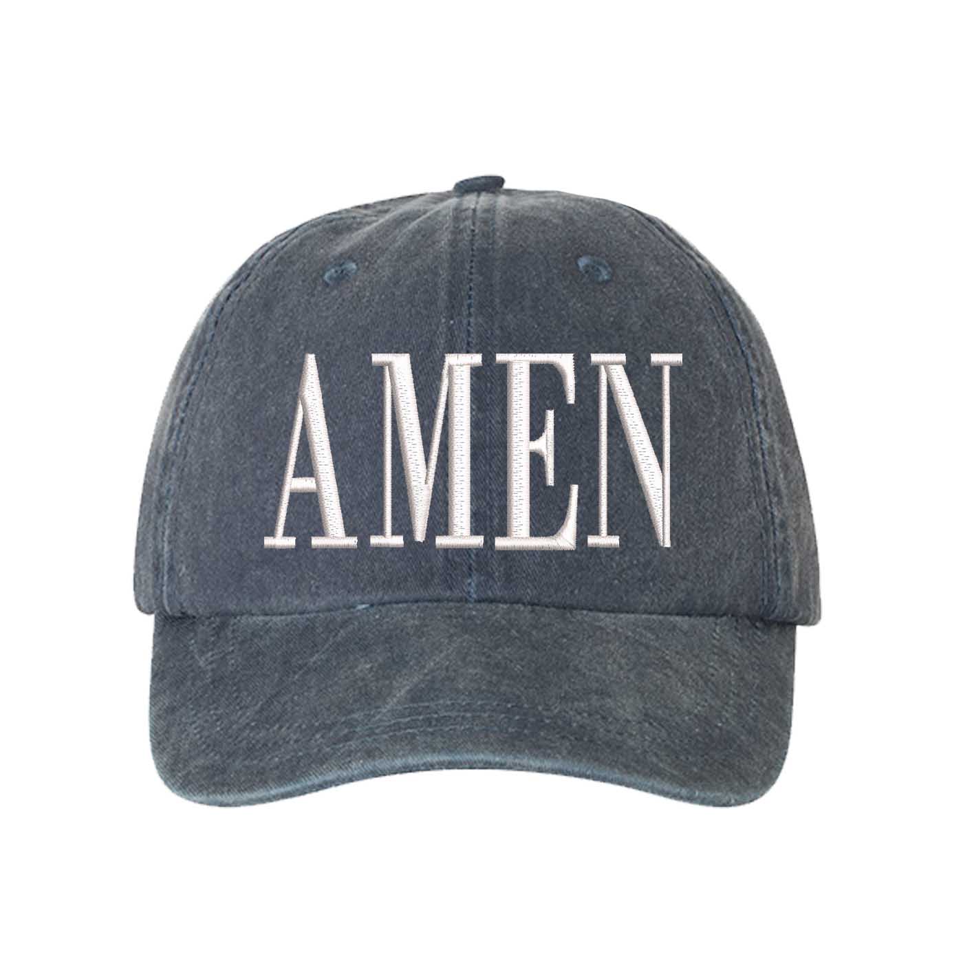 Navy Blue Amen Washed Statement Baseball Hat – a washed, relaxed-fit statement cap designed for everyday comfort and real-life moods. Trendy, adjustable, and effortlessly stylish. - DSY Lifestyle