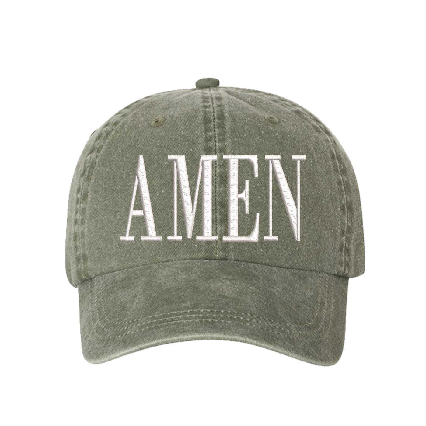 Olive Green Amen Washed Statement Baseball Hat – a washed, relaxed-fit statement cap designed for everyday comfort and real-life moods. Trendy, adjustable, and effortlessly stylish. - DSY Lifestyle