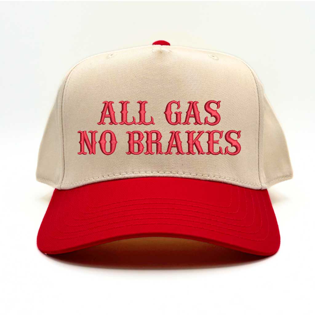 Natural Red All Gas No Brakes Two-Tone Embroidered Baseball Hat – A bold statement cap with sleek embroidery, perfect for those who live life at full speed – DSY Lifestyle