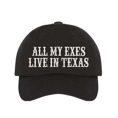 Black All My Exes Live In Texas Embroidered Baseball Hat in cotton with pre-curved brim and adjustable hook and loop closure, styled for country music fans and Western trips. DSY Lifestyle.