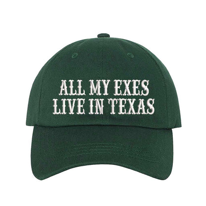 Forest Green All My Exes Live In Texas Embroidered Baseball Hat in cotton with pre-curved brim and adjustable hook and loop closure, styled for country music fans and Western trips. DSY Lifestyle.