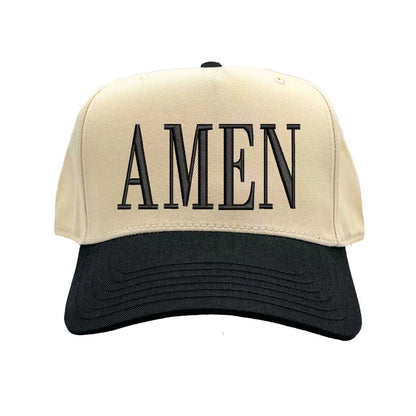 Natural Black Amen Two-Tone Embroidered Baseball Hat featuring clean white embroidery on a crisp natural crown with a contrasting visor; a modern faith statement piece by DSY Lifestyle.