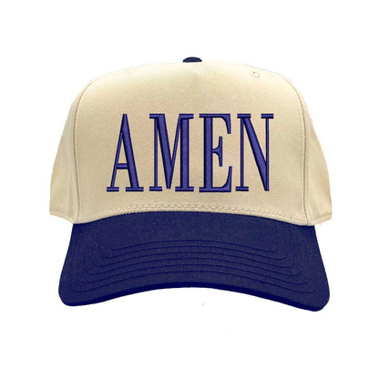 Natural Navy Blue Amen Two-Tone Embroidered Baseball Hat featuring clean white embroidery on a crisp natural crown with a contrasting visor; a modern faith statement piece by DSY Lifestyle.