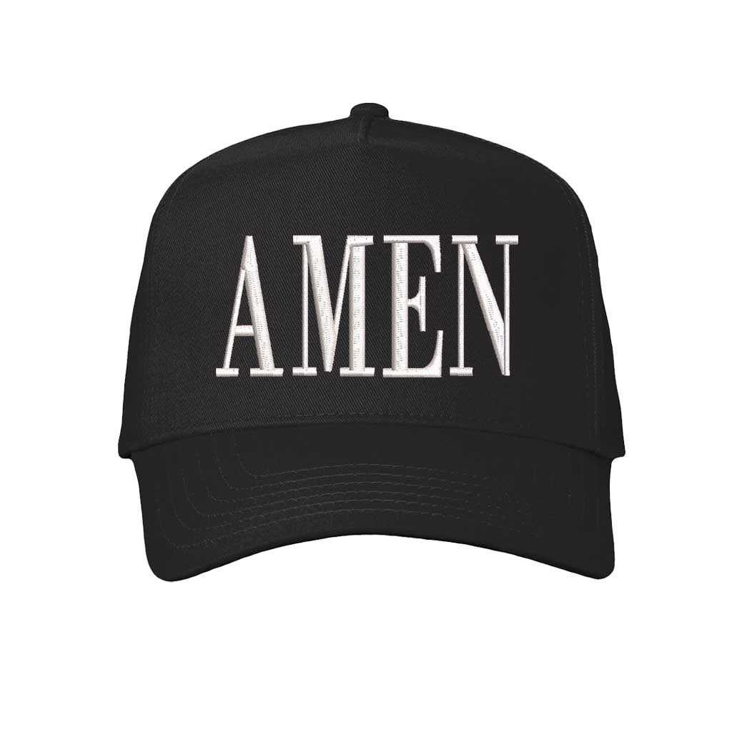 Solid Black Amen 5-Panel Embroidered Baseball Hat featuring clean white embroidery on a crisp crown visor; a modern faith statement piece by DSY Lifestyle.