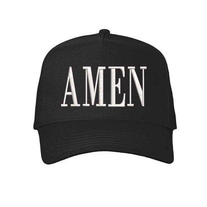 Solid Black Amen 5-Panel Embroidered Baseball Hat featuring clean white embroidery on a crisp crown visor; a modern faith statement piece by DSY Lifestyle.