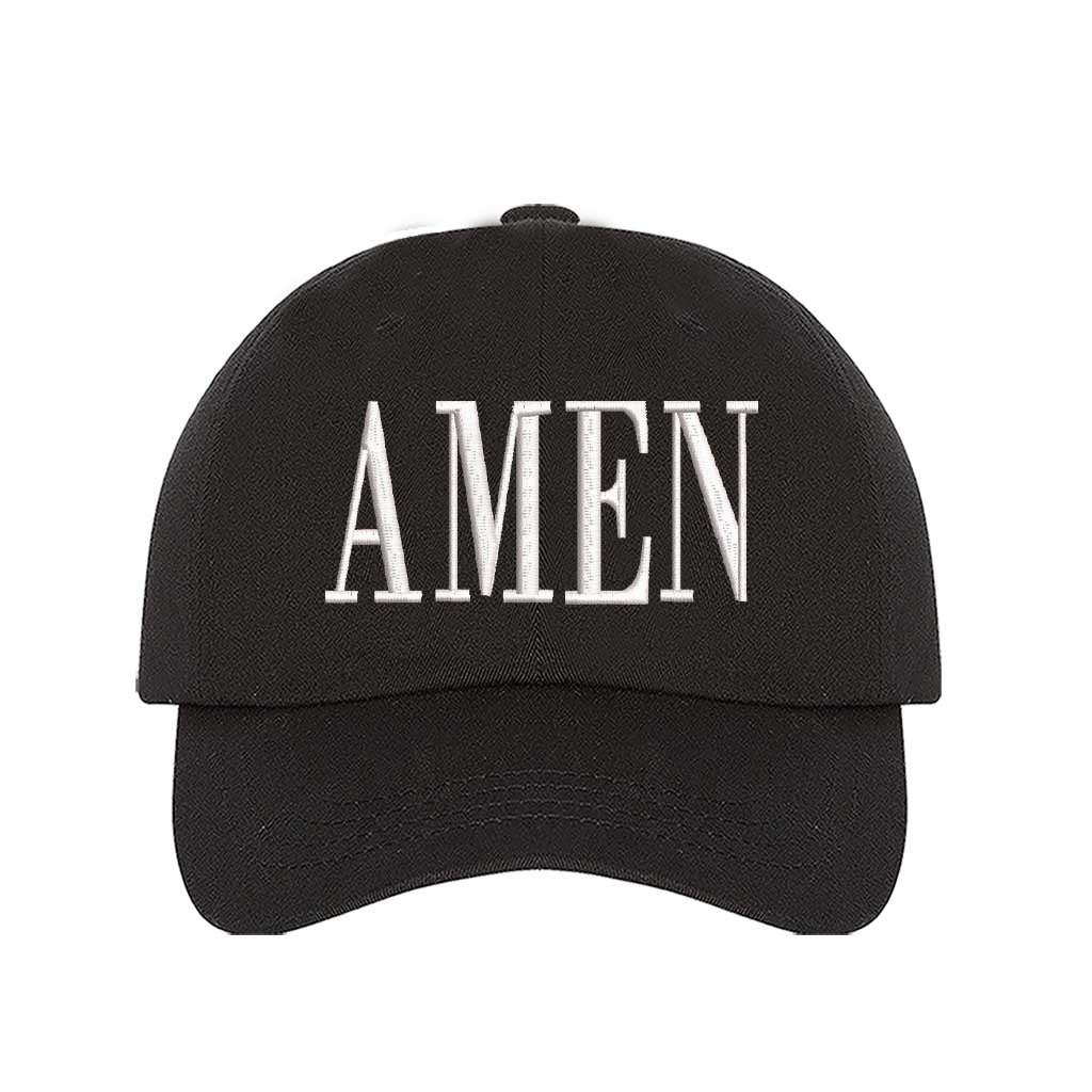 Black Amen Embroidered Baseball Hat featuring clean white embroidery on a premium dad cap; a minimalist faith statement by DSY Lifestyle.