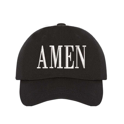 Black Amen Embroidered Baseball Hat featuring clean white embroidery on a premium dad cap; a minimalist faith statement by DSY Lifestyle.
