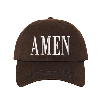 Brown Amen Embroidered Baseball Hat featuring clean white embroidery on a premium dad cap; a minimalist faith statement by DSY Lifestyle.