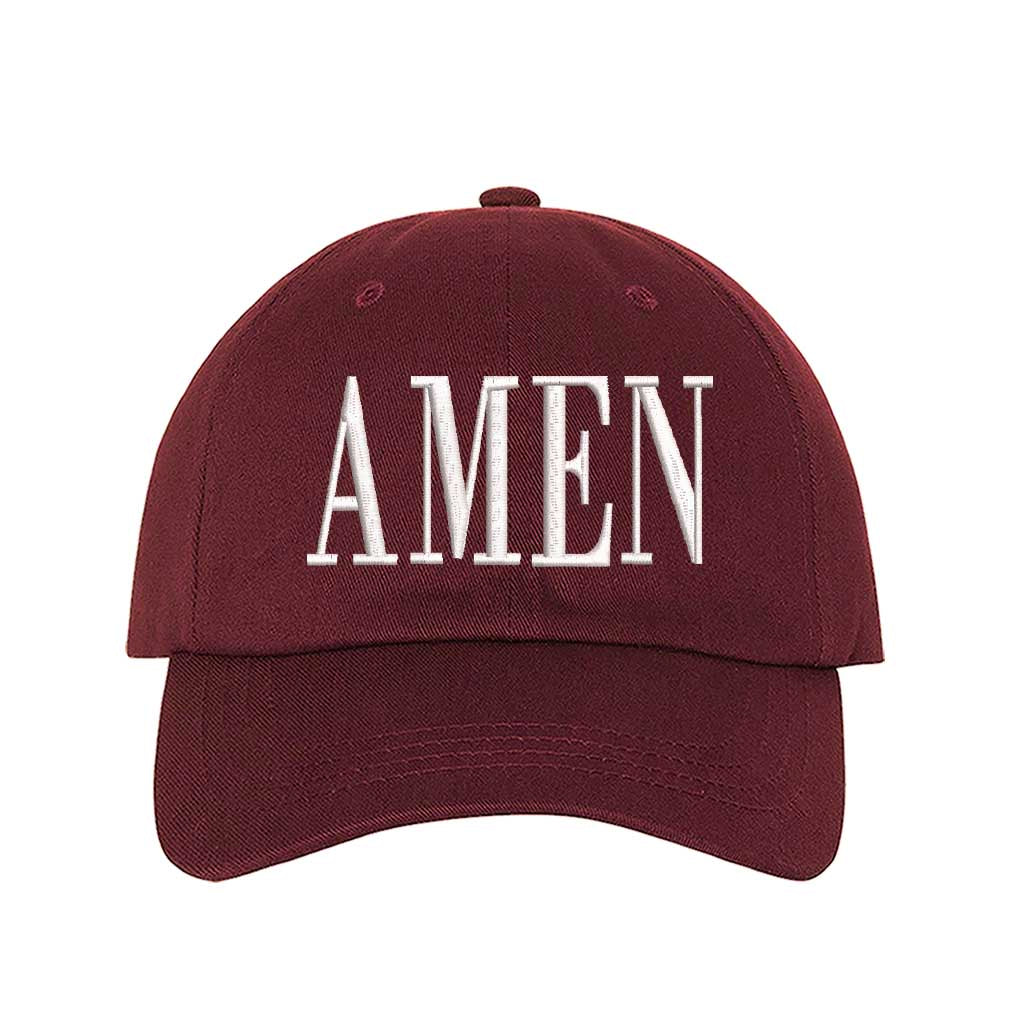 Burgundy Amen Embroidered Baseball Hat featuring clean white embroidery on a premium dad cap; a minimalist faith statement by DSY Lifestyle.