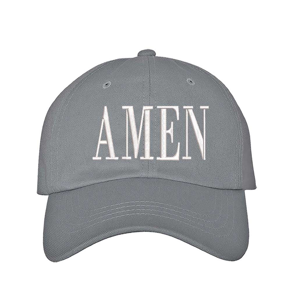 Gray Amen Embroidered Baseball Hat featuring clean white embroidery on a premium dad cap; a minimalist faith statement by DSY Lifestyle.