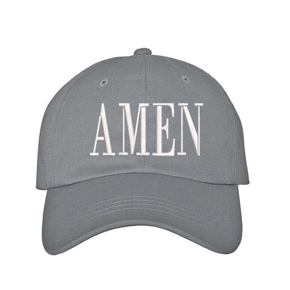 Gray Amen Embroidered Baseball Hat featuring clean white embroidery on a premium dad cap; a minimalist faith statement by DSY Lifestyle.