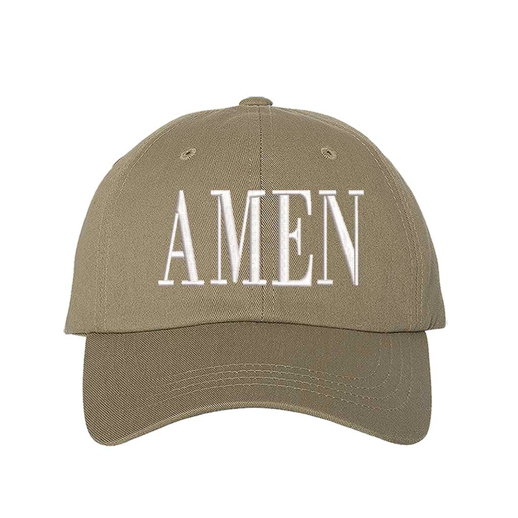 Khaki Amen Embroidered Baseball Hat featuring clean white embroidery on a premium dad cap; a minimalist faith statement by DSY Lifestyle.
