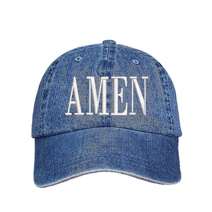 Light Denim Amen Embroidered Baseball Hat featuring clean white embroidery on a premium dad cap; a minimalist faith statement by DSY Lifestyle.