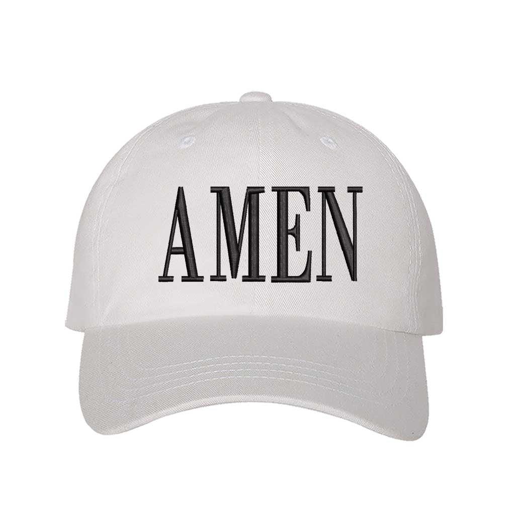 White Amen Embroidered Baseball Hat featuring clean white embroidery on a premium dad cap; a minimalist faith statement by DSY Lifestyle.