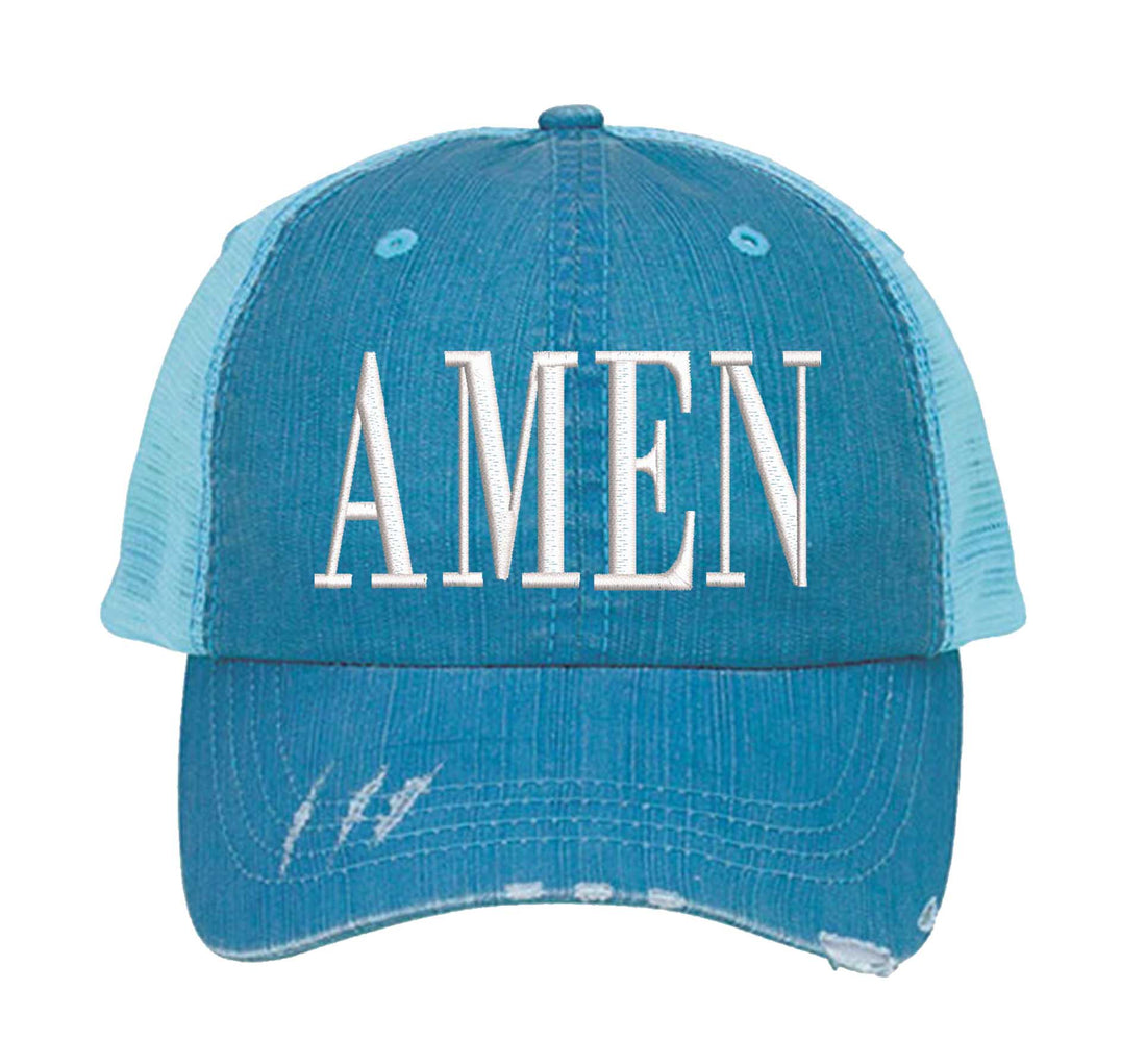 Aqua Amen Distressed Trucker Hat. This premium vintage-style cap is the perfect gift for the unapologetically bold, featuring a breathable mesh back and custom embroidery. - DSY Lifestyle
