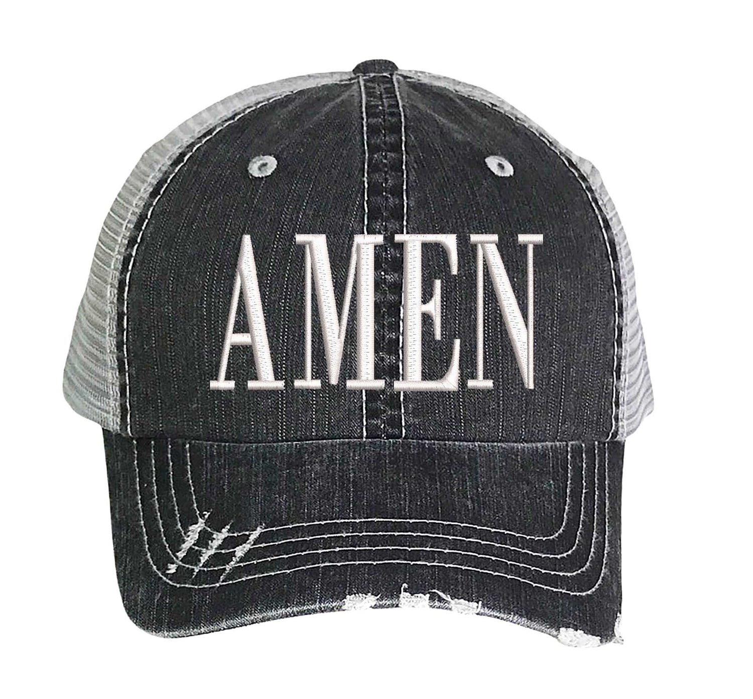 Black Amen Distressed Trucker Hat. This premium vintage-style cap is the perfect gift for the unapologetically bold, featuring a breathable mesh back and custom embroidery. - DSY Lifestyle
