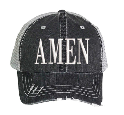 Black Amen Distressed Trucker Hat. This premium vintage-style cap is the perfect gift for the unapologetically bold, featuring a breathable mesh back and custom embroidery. - DSY Lifestyle