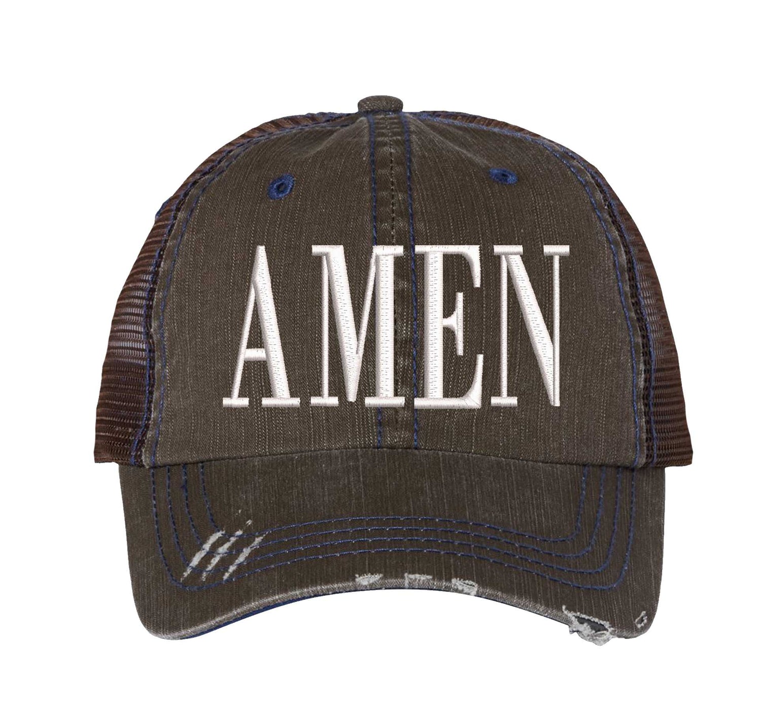 Brown Amen Distressed Trucker Hat. This premium vintage-style cap is the perfect gift for the unapologetically bold, featuring a breathable mesh back and custom embroidery. - DSY Lifestyle