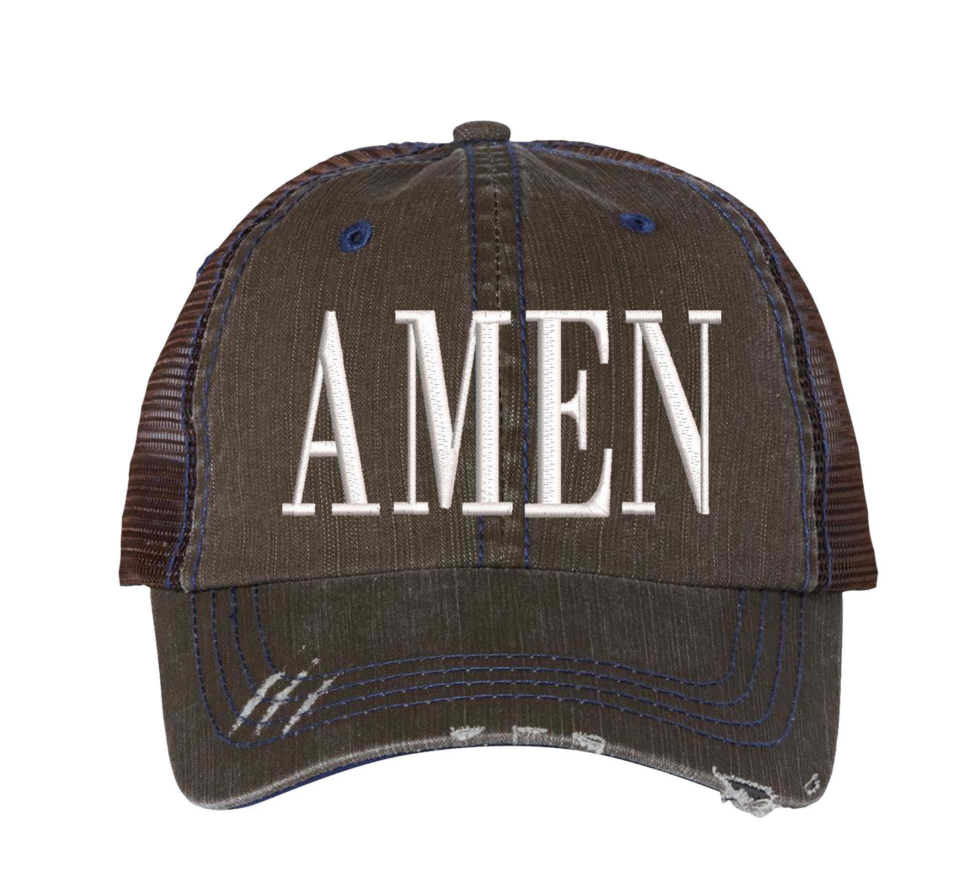 Brown Amen Distressed Trucker Hat. This premium vintage-style cap is the perfect gift for the unapologetically bold, featuring a breathable mesh back and custom embroidery. - DSY Lifestyle