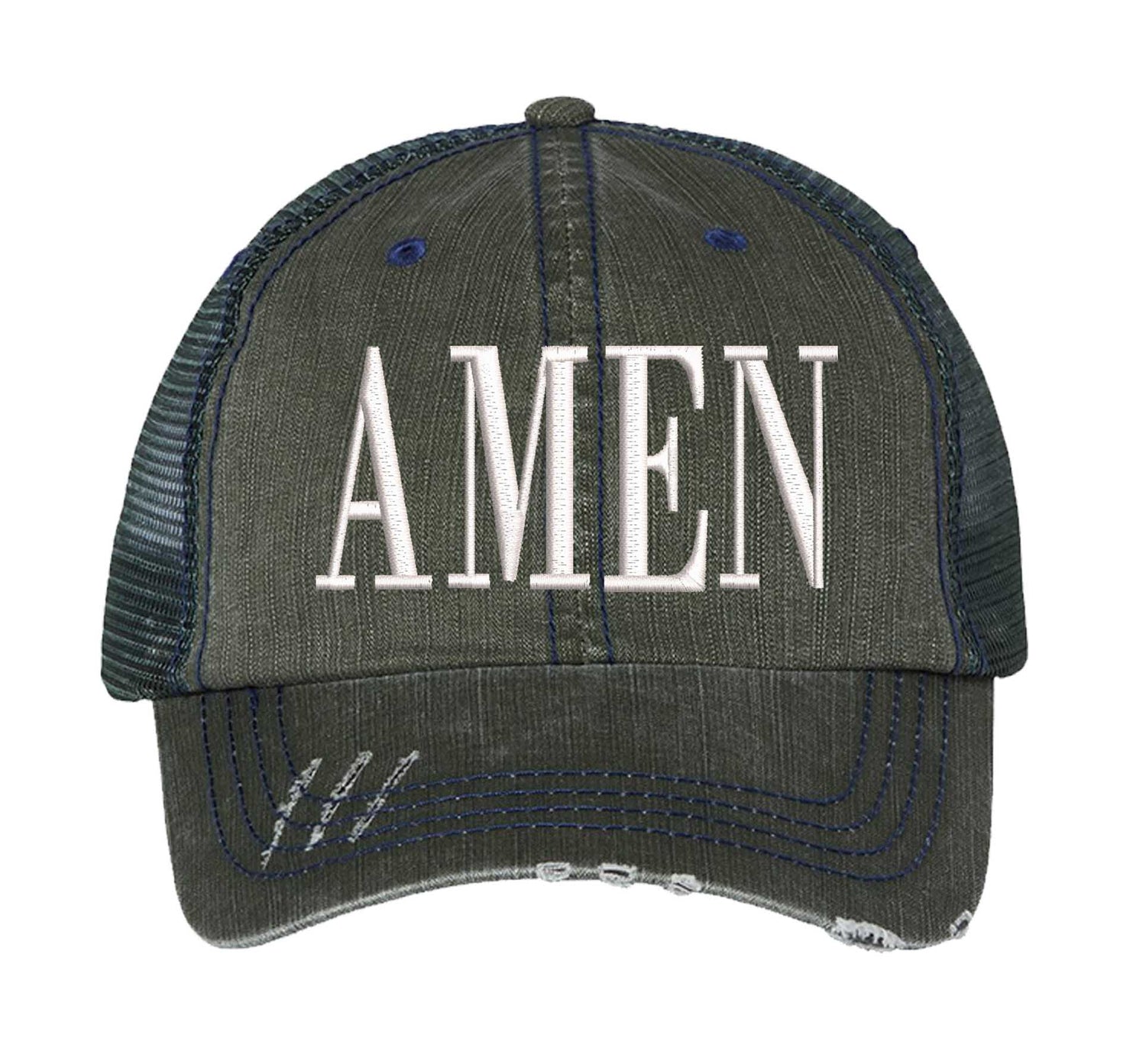 Dark Green Amen Distressed Trucker Hat. This premium vintage-style cap is the perfect gift for the unapologetically bold, featuring a breathable mesh back and custom embroidery. - DSY Lifestyle