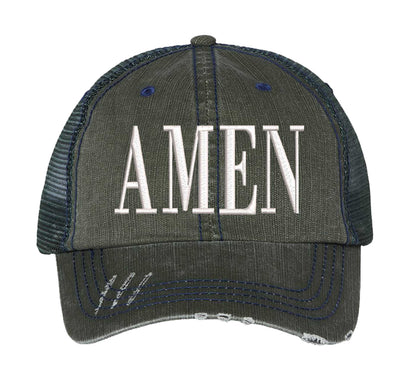 Dark Green Amen Distressed Trucker Hat. This premium vintage-style cap is the perfect gift for the unapologetically bold, featuring a breathable mesh back and custom embroidery. - DSY Lifestyle
