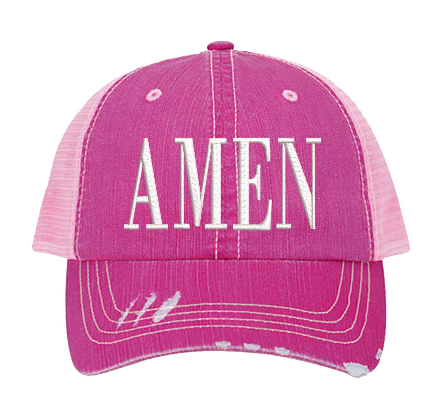 Hot Pink Amen Distressed Trucker Hat. This premium vintage-style cap is the perfect gift for the unapologetically bold, featuring a breathable mesh back and custom embroidery. - DSY Lifestyle