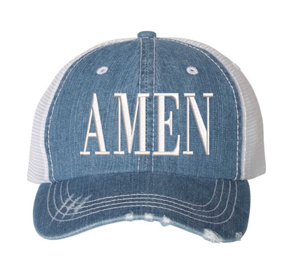 Denim Blue Amen Distressed Trucker Hat. This premium vintage-style cap is the perfect gift for the unapologetically bold, featuring a breathable mesh back and custom embroidery. - DSY Lifestyle