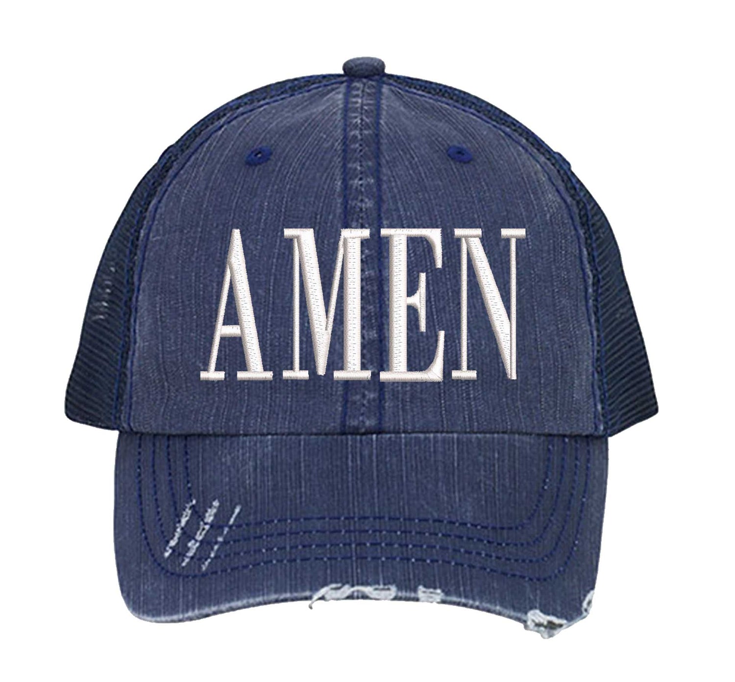 Navy Blue Amen Distressed Trucker Hat. This premium vintage-style cap is the perfect gift for the unapologetically bold, featuring a breathable mesh back and custom embroidery. - DSY Lifestyle