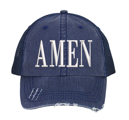 Navy Blue Amen Distressed Trucker Hat. This premium vintage-style cap is the perfect gift for the unapologetically bold, featuring a breathable mesh back and custom embroidery. - DSY Lifestyle
