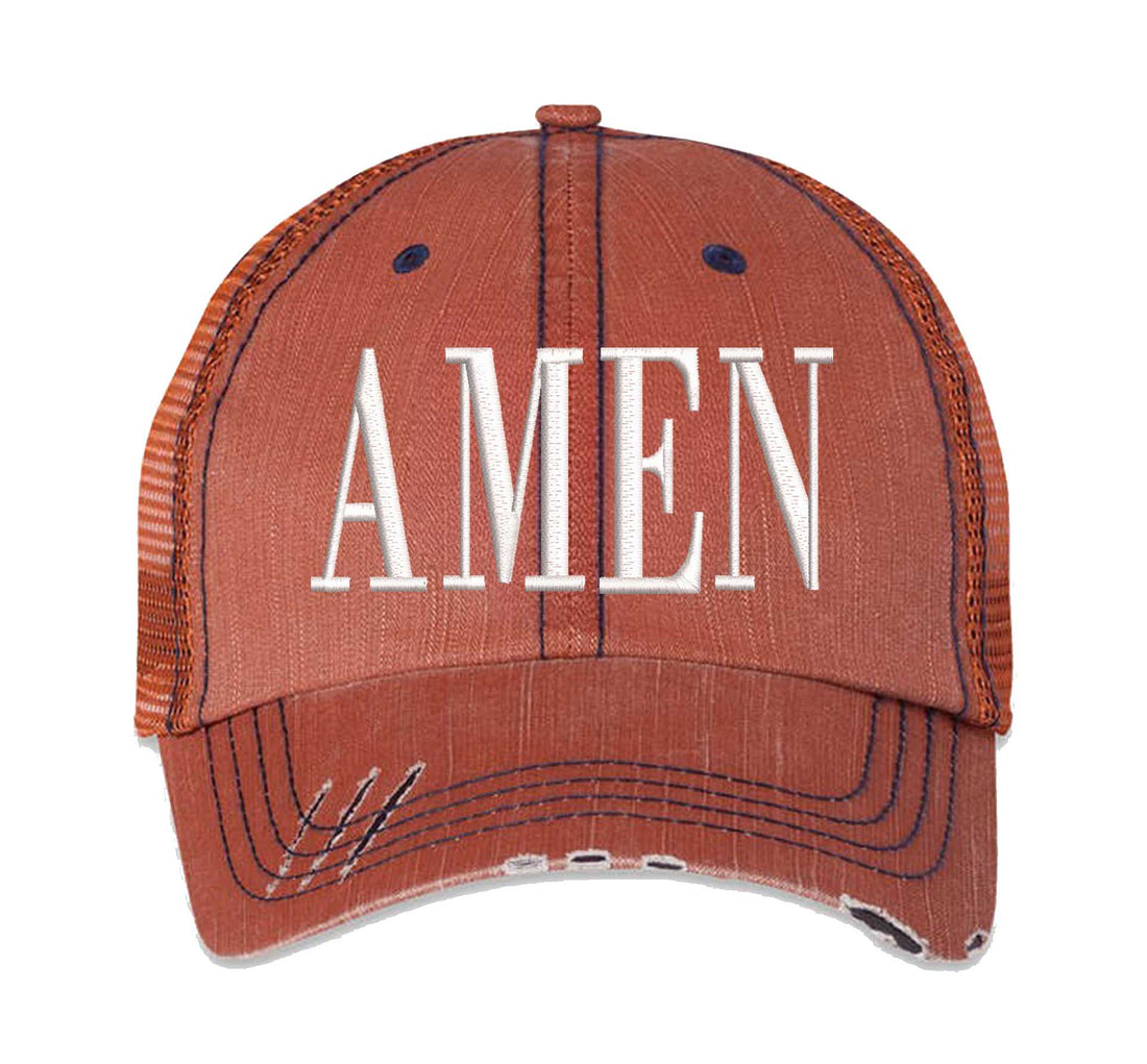 Orange Amen Distressed Trucker Hat. This premium vintage-style cap is the perfect gift for the unapologetically bold, featuring a breathable mesh back and custom embroidery. - DSY Lifestyle
